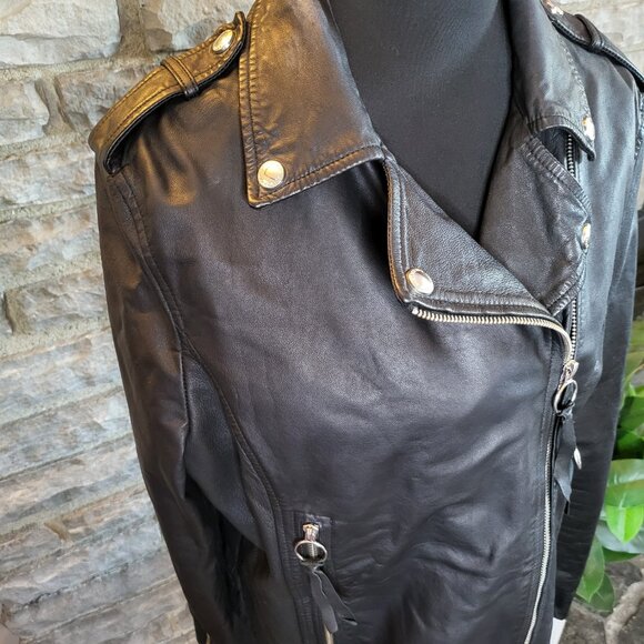 Sam Edelman Moto Biker Zip Cuff Black Jacket Leather Texture Womens Large - Picture 4 of 16